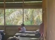Siswa sekolah dasar di pelosok Inhil belajar di bangunan sekolah dari kayu yang jauh dari kata layak.